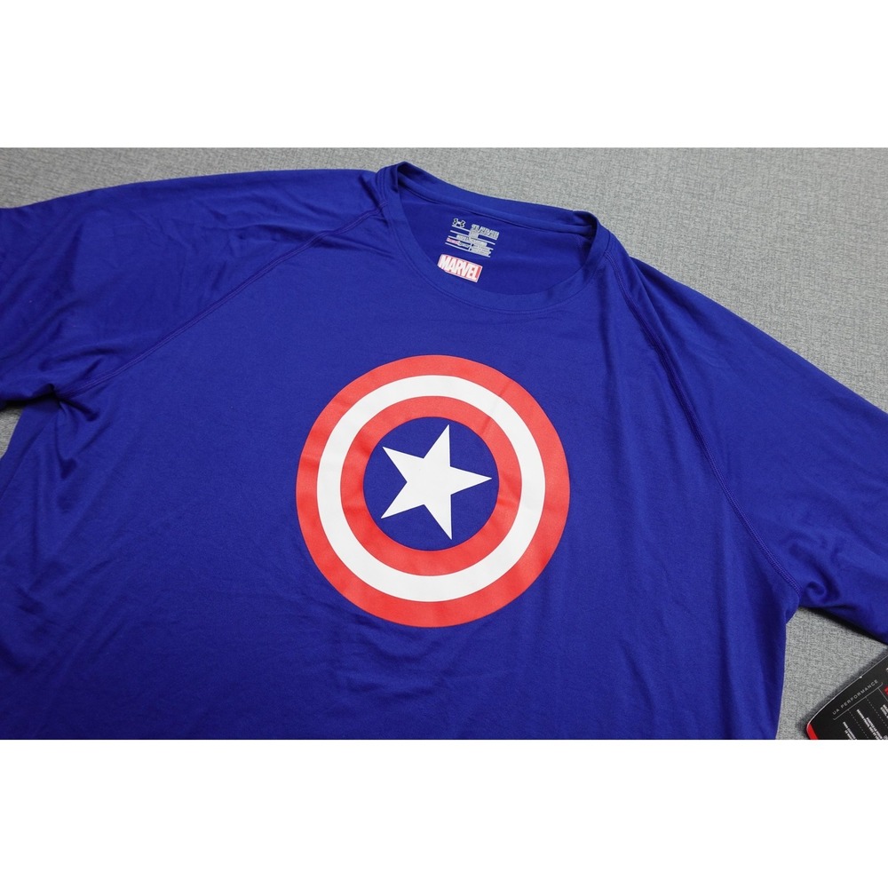 Under Armour HeatGear Shirt Mens 2XL Blue Marvel Captain America Graphic NWT